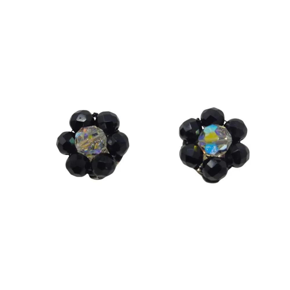 Vintage Black Glass 1950s–1960s beaded clip-on earrings